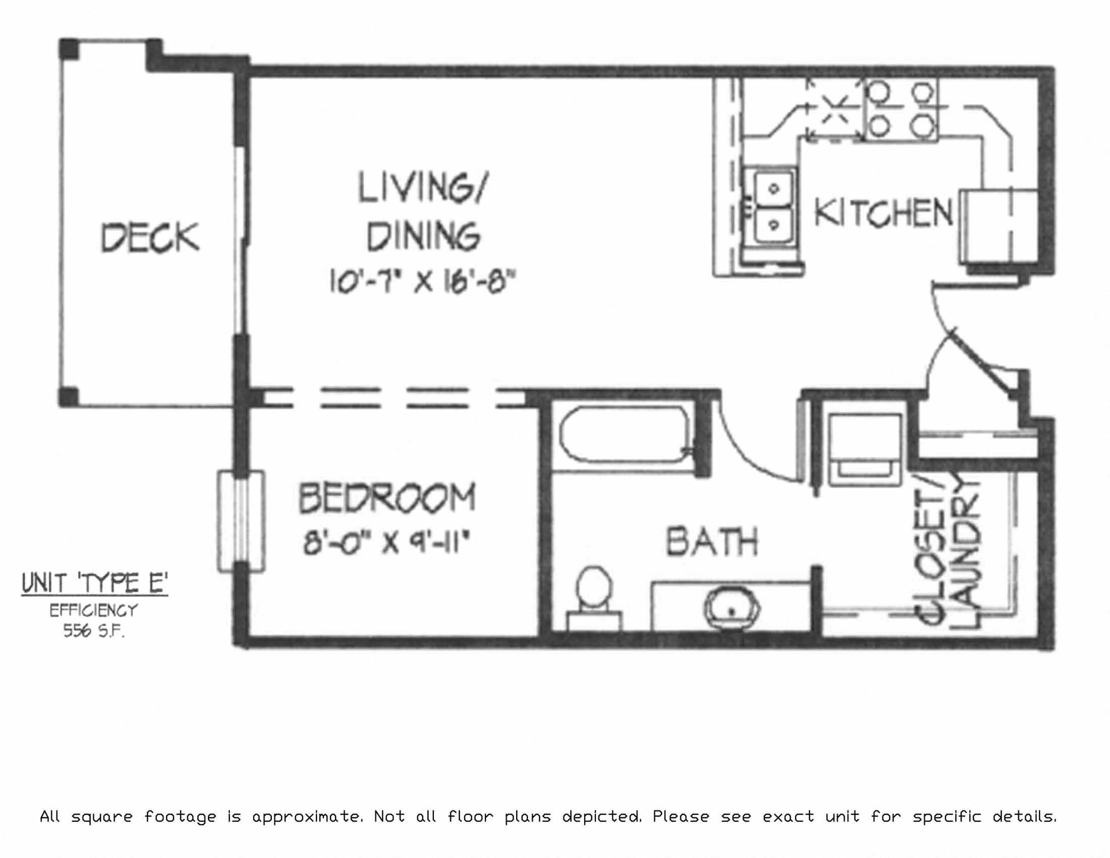 Floor plan for studio, 1 bath, 556 sqft